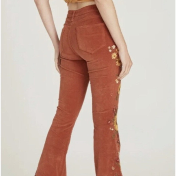 Free People Driftwood Falling Sunflower Farrah Embroidered Cord Flare Jeans - Picture 3 of 10